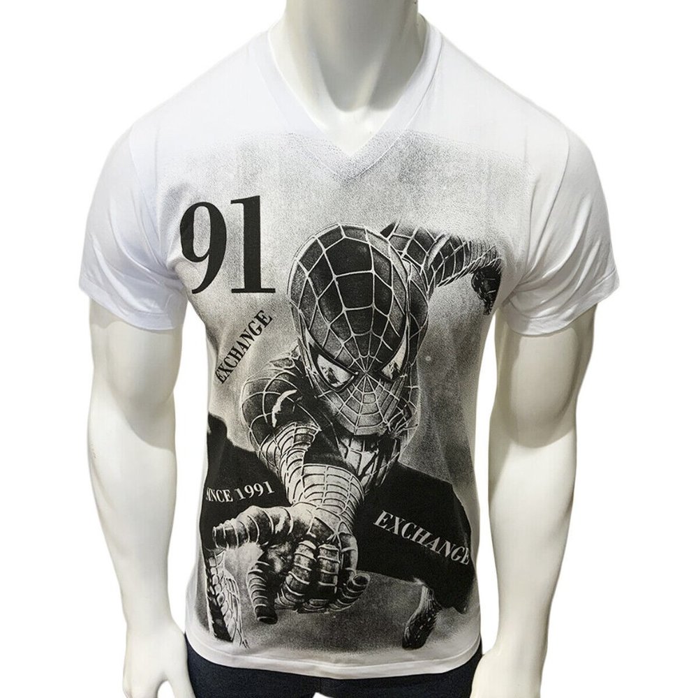 NWT EXCHANGE SPIDERMAN MEN'S WHITE V-NECK SHORT SLEEVE T-SHIRT SIZE M L